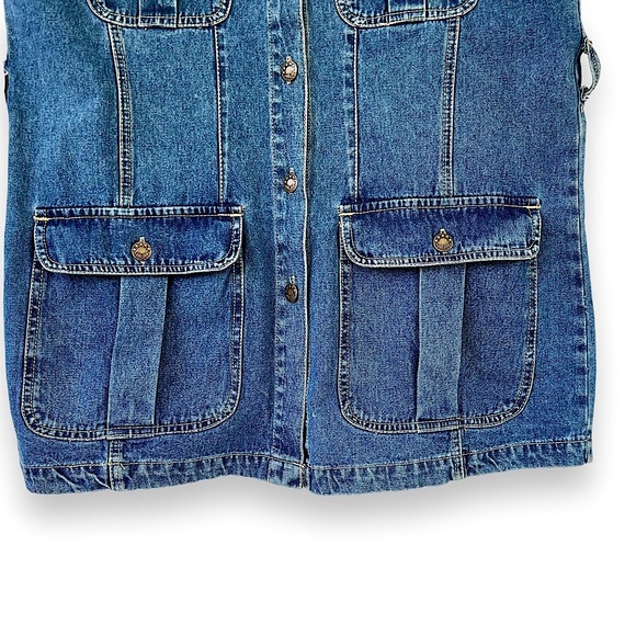 Vintage 90s Denim Mini Dress L Button Front Blue Cargo Utility Safari Tunic - Picture 13 of 14